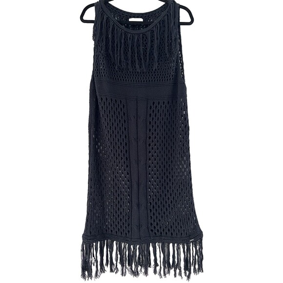 Aggel Knitwear Women’s XL Black Open Knit Dress Crochet Fringed Swim Cover NWOT - Picture 2 of 15